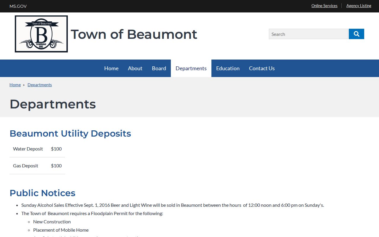Official Town of Beaumont departments page showing Beaumont Police Department information