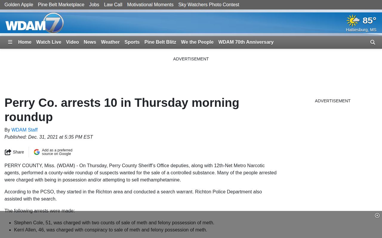 Perry County arrest record news research, WDAM regional multi-agency roundup